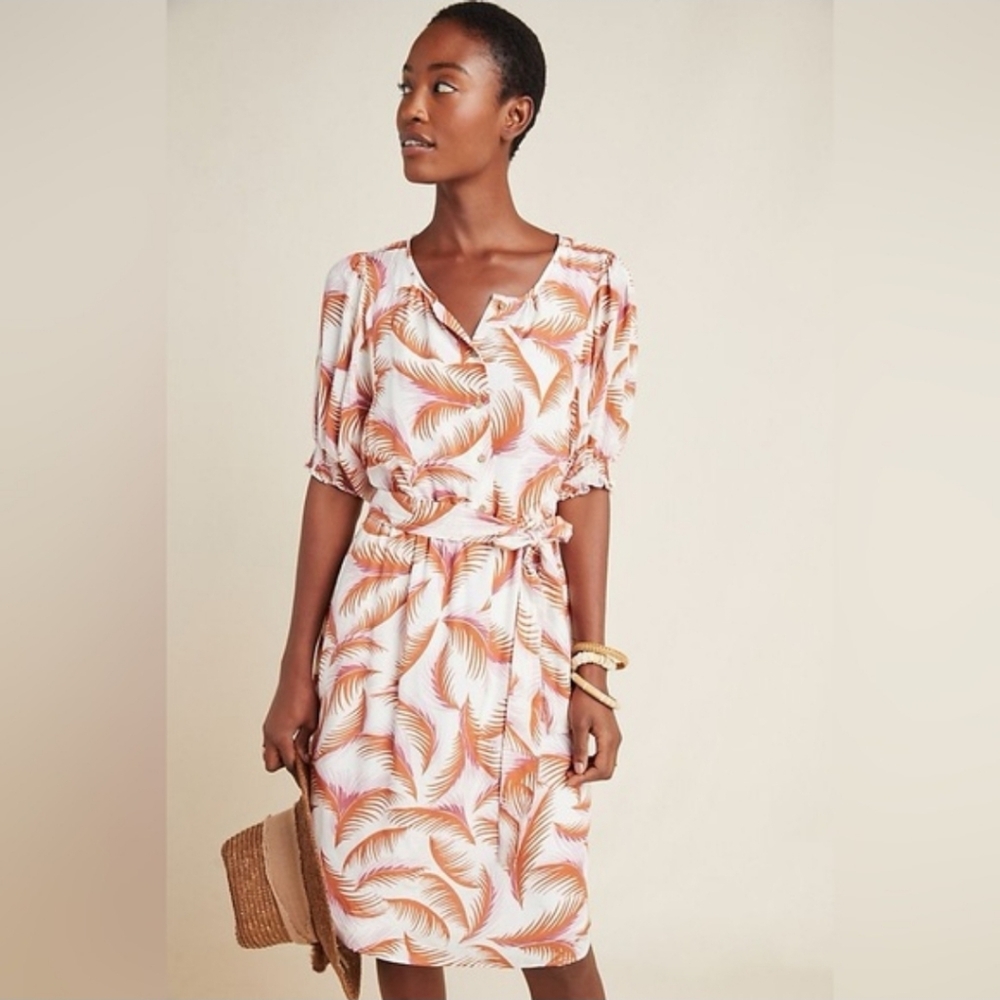 Anthropologie Nicole Linen Puff Sleeve Dress Plus Size